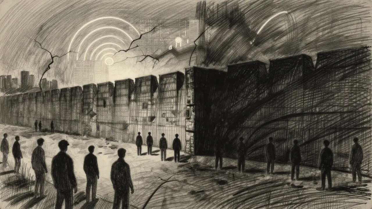 A symbolic wall separating people from global digital financial networks.