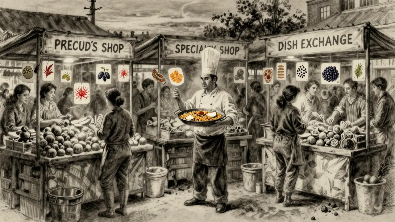 A twilight Farmer’s Market displays rare NFT ingredients and dishes, with a chef holding a Paella NFT.