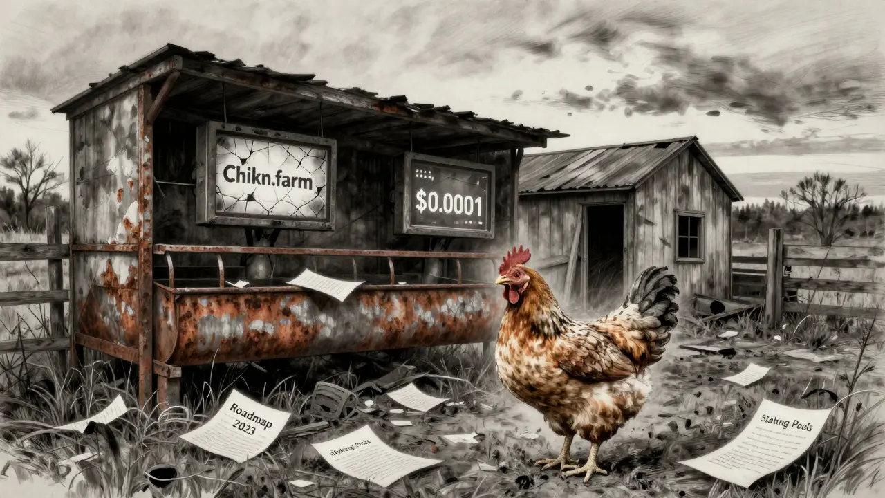 An abandoned farm with flickering Chikn.farm screens and scattered roadmap papers under twilight.