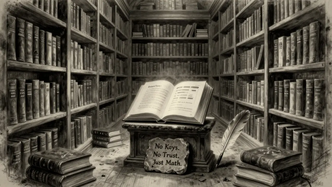 An endless library with one open book showing StellarTerm, surrounded by closed books, under soft charcoal light.