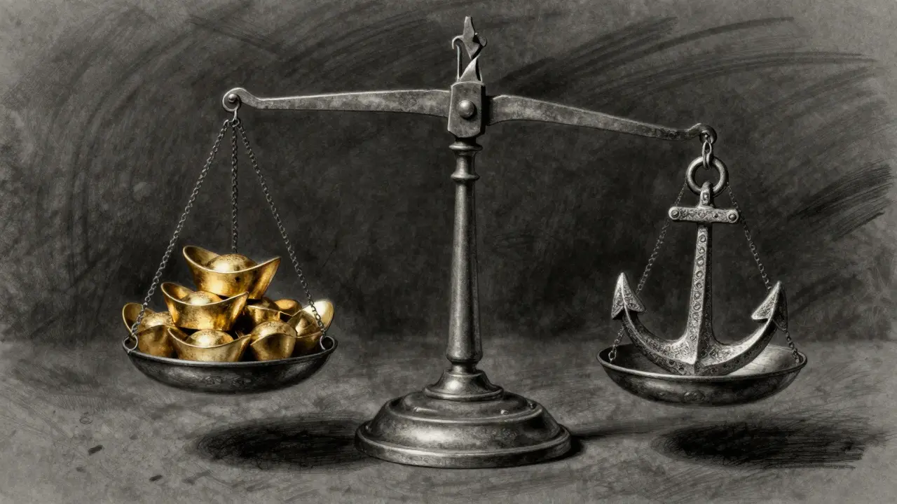 An old balance scale weighing gold coins against a heavy iron anchor.
