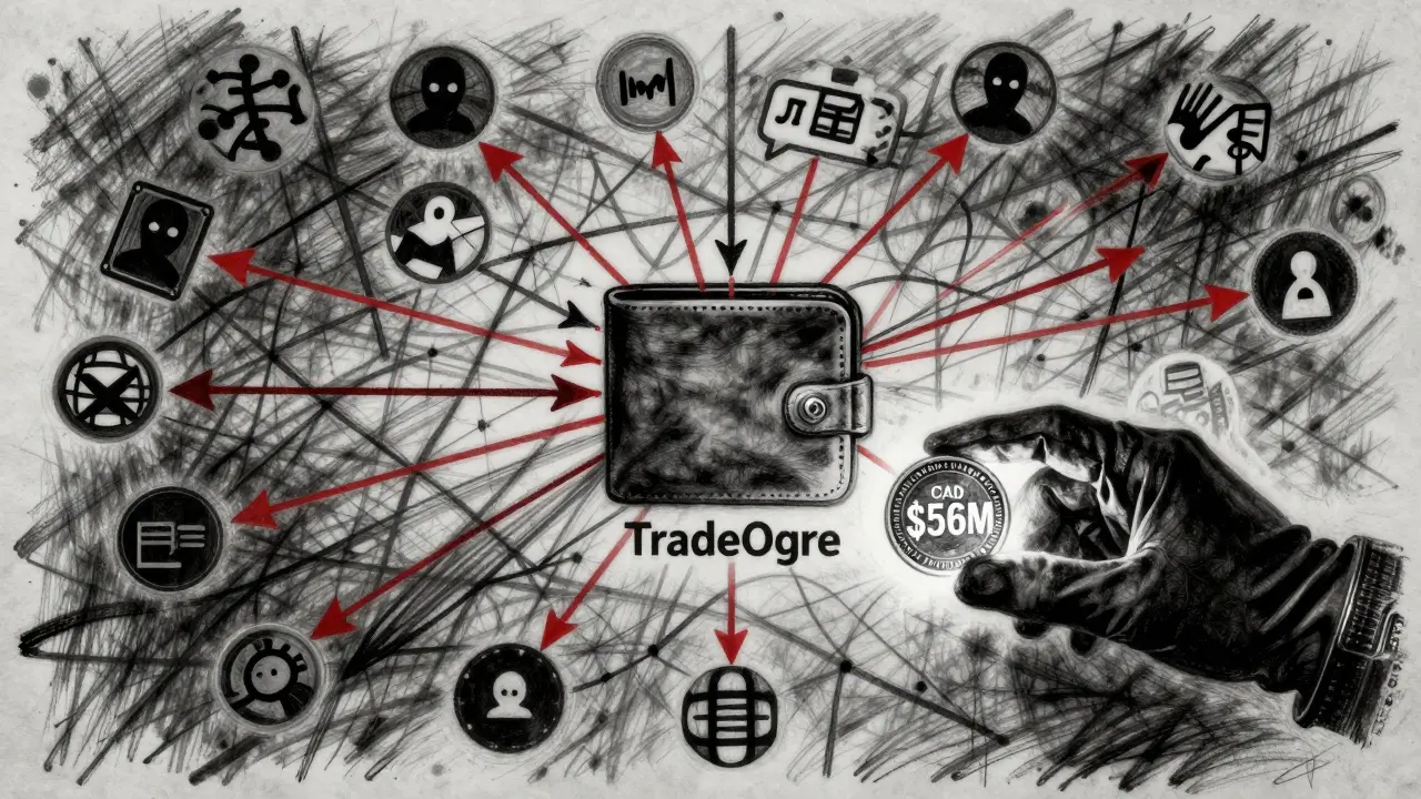 Charcoal web of blockchain transactions leading to criminal activity, with a law enforcement hand seizing a large seized cryptocurrency coin.