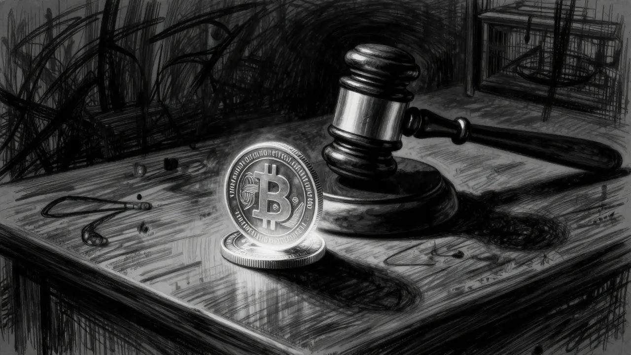 Digital coin shadowed by a large looming gavel.