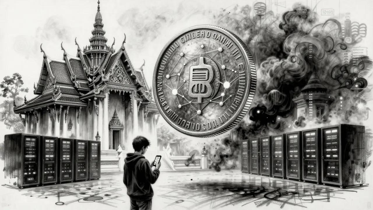 Digital Thai baht coin above a temple, with licensed and offshore servers in contrasting light and smoke.