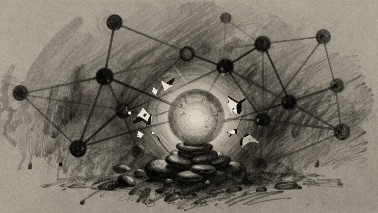 Fragile abstract network drawing showing broken connections in monochrome style.