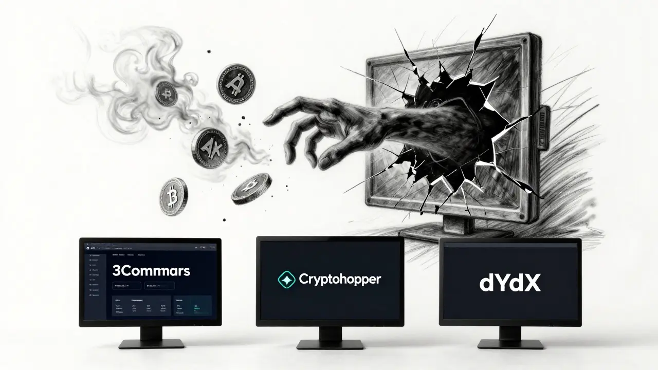 Ghostly hand grasping dissolving ARX tokens, while modern crypto platforms stand sharp and clear in the background.
