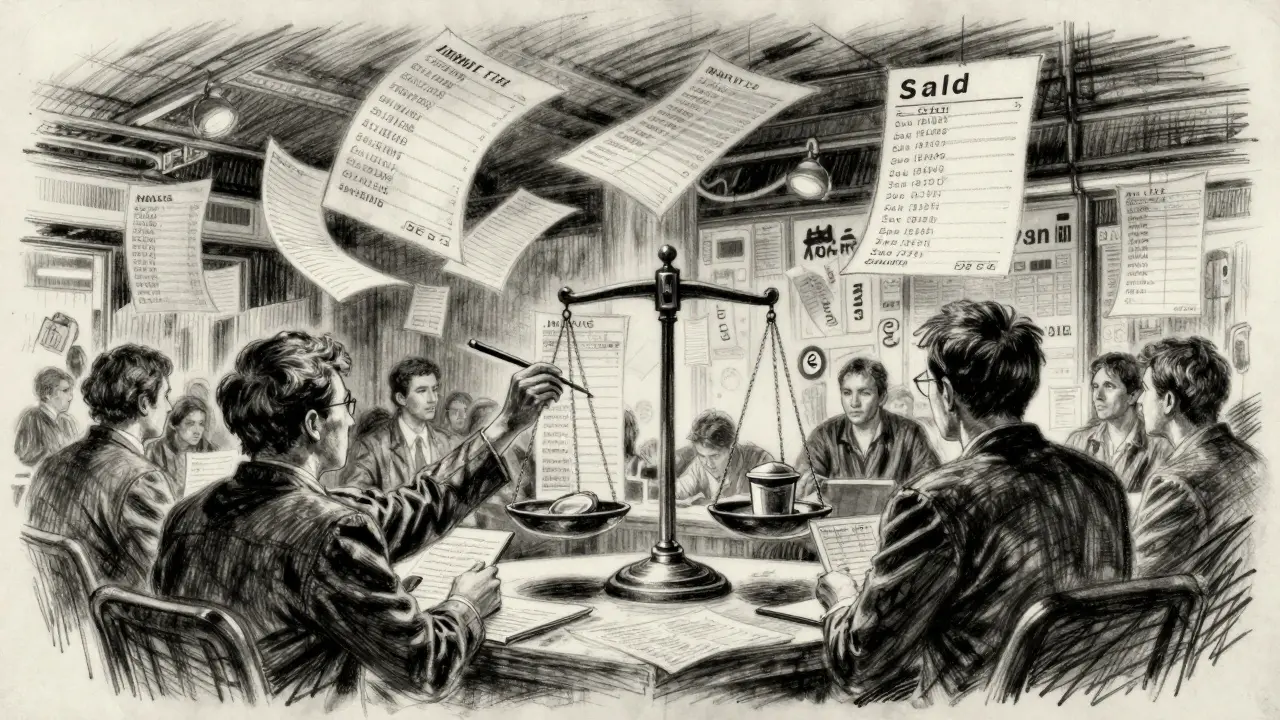 Hand-drawn trading floor with layered bid and ask orders, evoking market depth and human control.