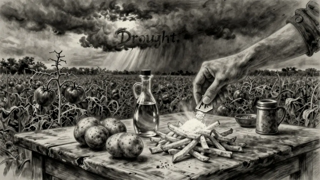 Hands combine potato, oil, and salt NFTs into a French Fries NFT as a drought looms over withered tomatoes.