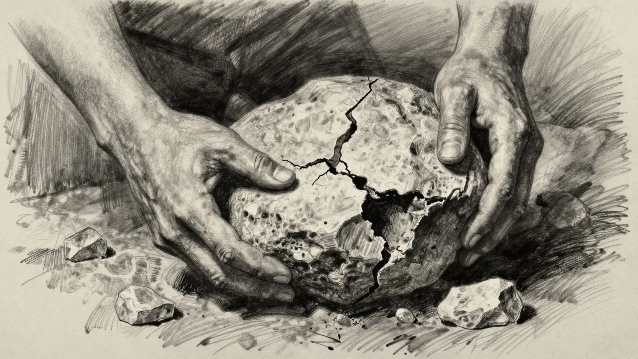 Hands inspecting cracked stone surface symbolizing investment risk assessment.