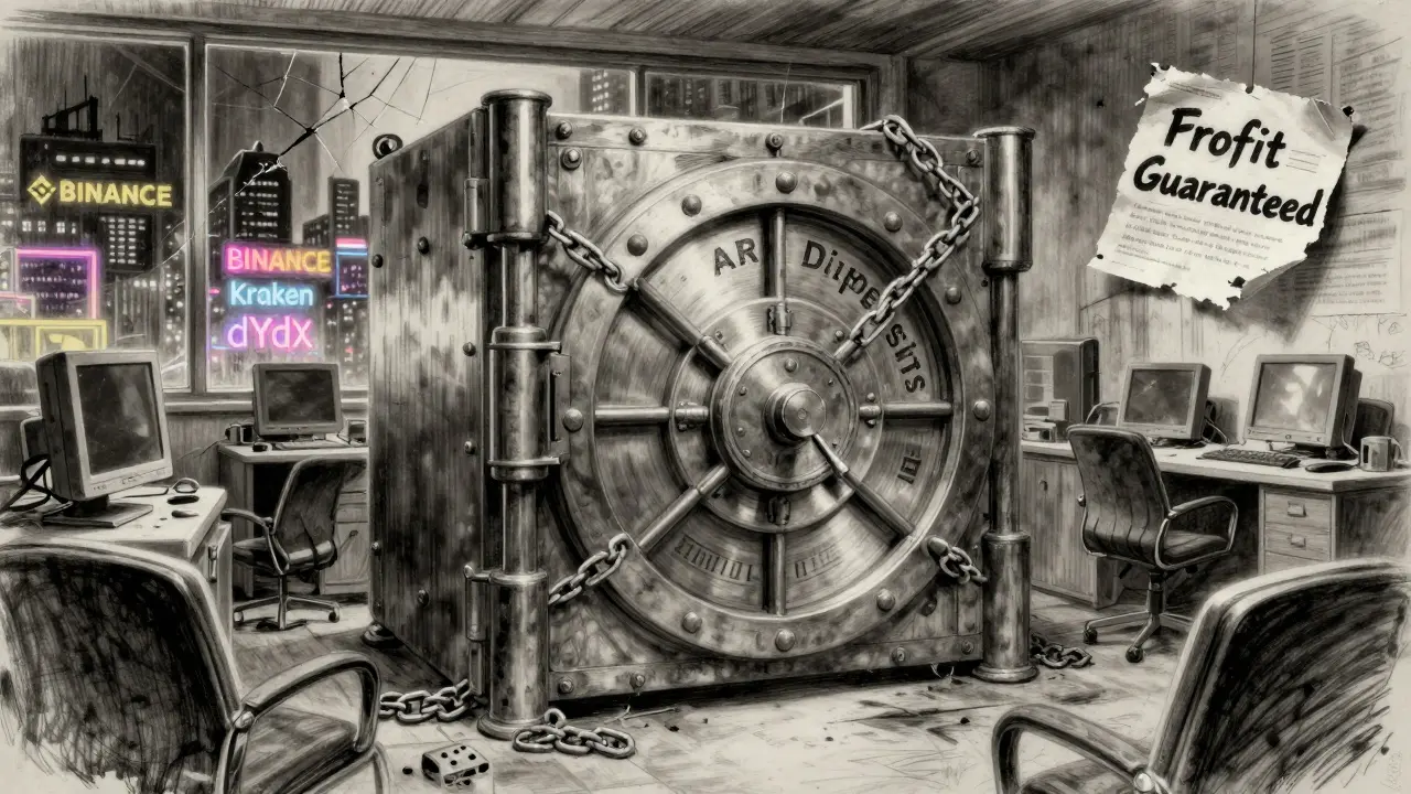 Locked vault labeled ARX deposits in an abandoned office, with distant exchange logos glowing through a window.