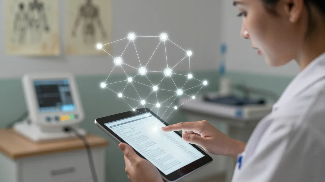 Patient tapping tablet to share medical records via a glowing blockchain network in a quiet clinic.