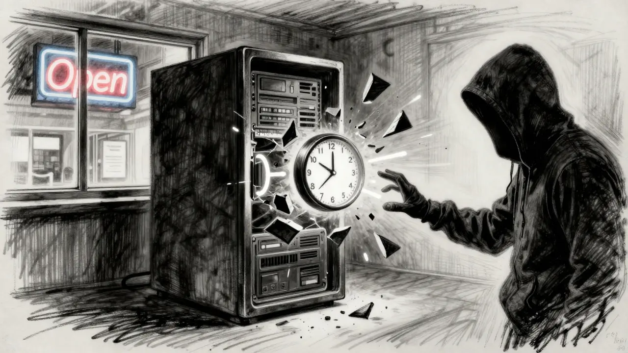 Ransomware attack frozen mid-strike as hospital data self-repairs, with clock showing rapid recovery.