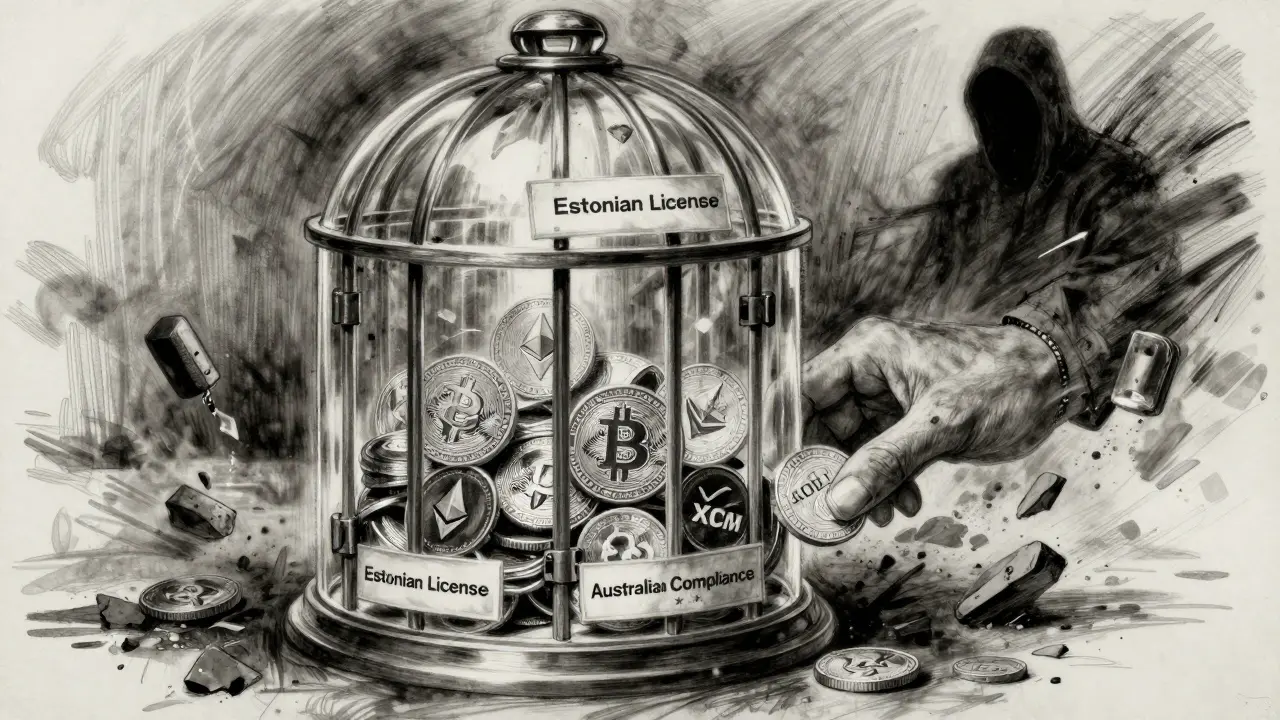 Secure crypto tokens in a licensed vault as a shadowy unregulated exchange crumbles behind it, drawn in charcoal.