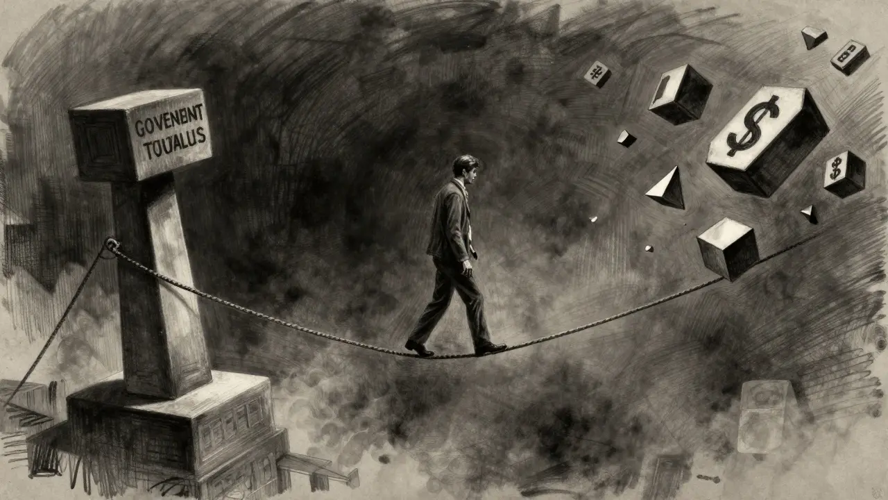 Sketch showing a figure balancing on a rope between regulation blocks and digital nodes.