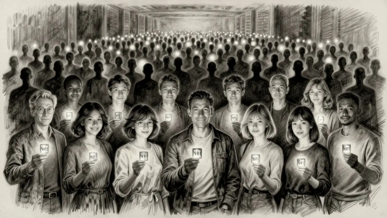 Ten diverse people hold glowing NFT tokens, their faces lit by the light, while a wall of shadowy figures looms behind.