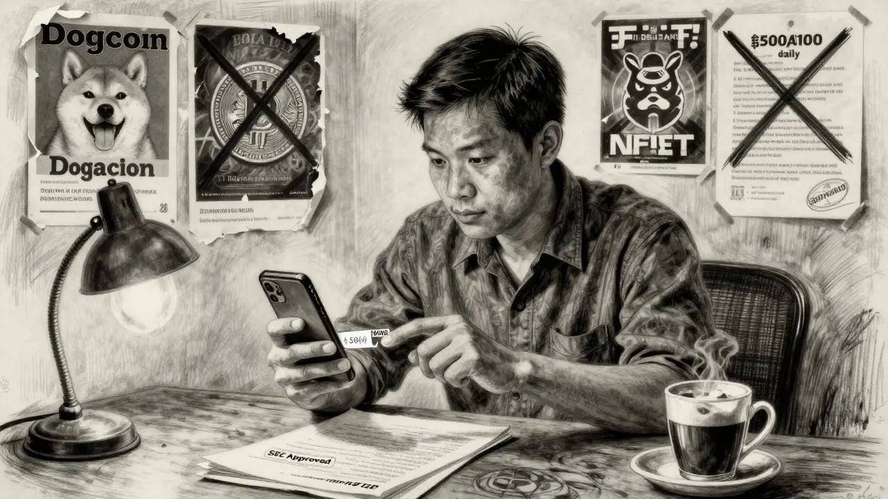 Thai trader facing withdrawal limits and banned tokens, surrounded by crossed-out meme coins.