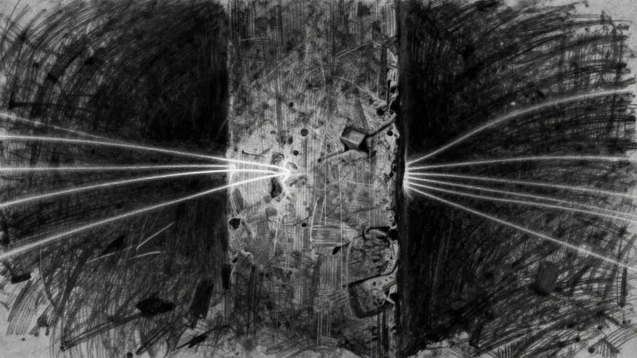 Threads passing through a dark wall barrier.