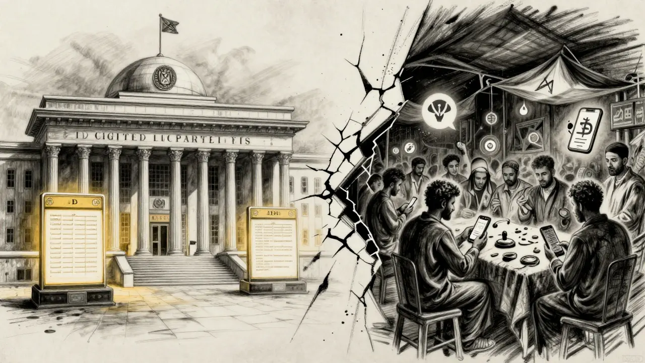 Two contrasting scenes: official blockchain use on one side, underground crypto trading on the other, separated by dust.