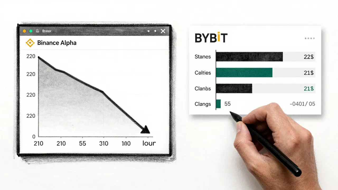 Two digital dashboards showing Binance and Bybit airdrop systems with changing point counters and progress bars.