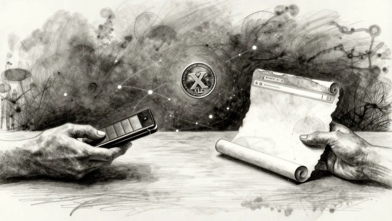 Two hands connecting across a table, one holding a Ledger, the other a parchment-like interface, with Stellar nodes floating between.