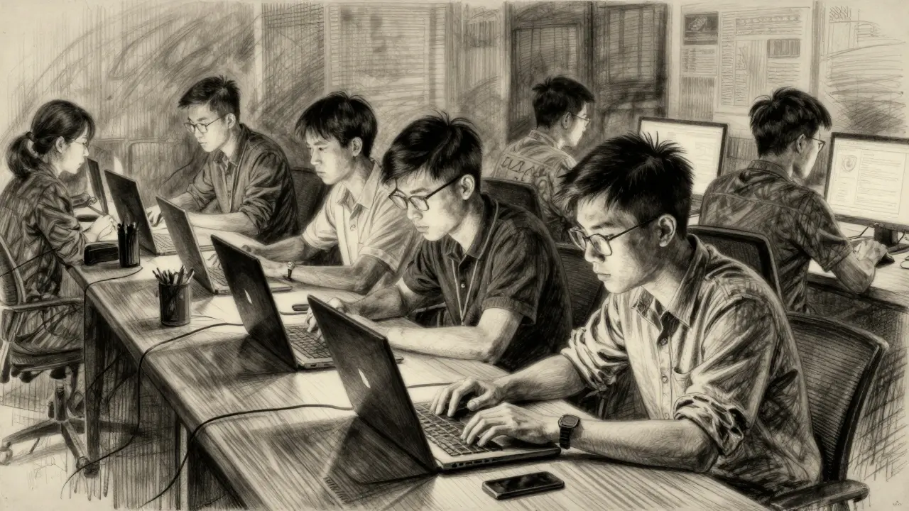 Young developers working late at computers in a dimly lit studio drawn in charcoal.