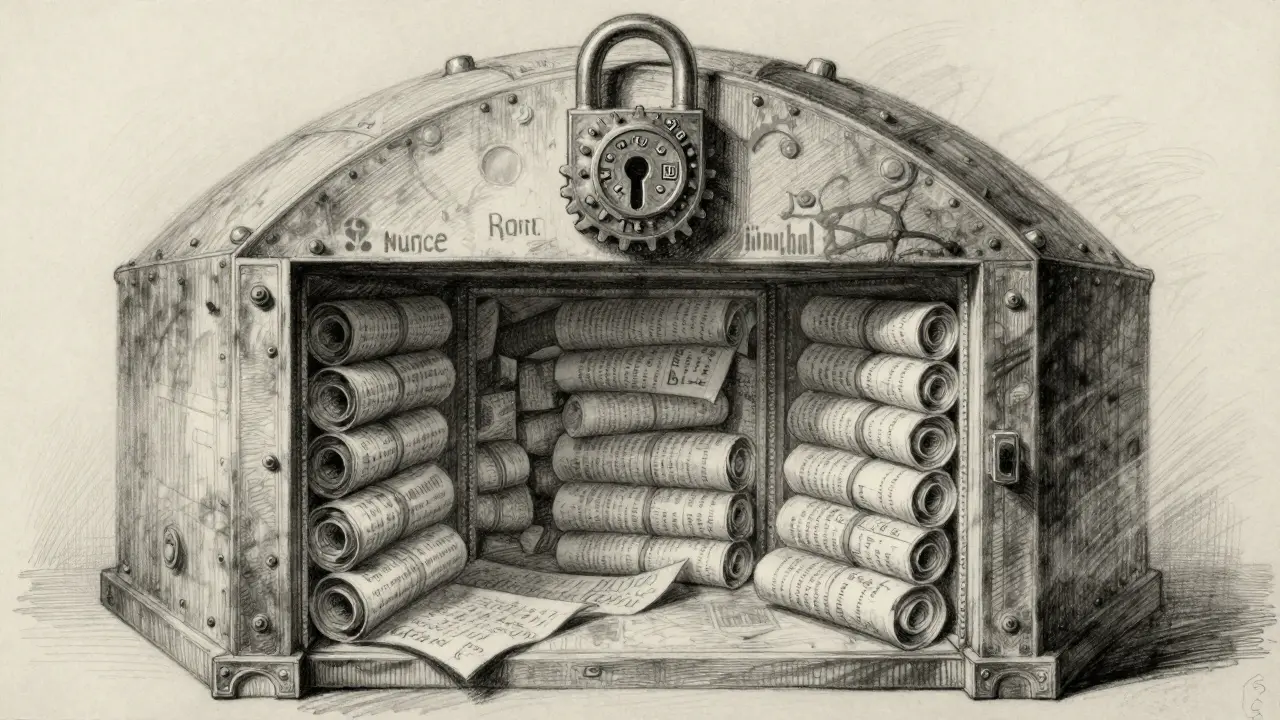 A charcoal sketch of a vault with a complex lock on top and transaction scrolls inside.