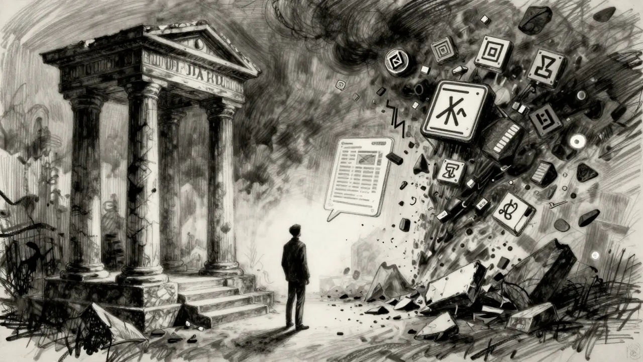 Charcoal art depicting a figure between a legal pillar and a storm of broken code.