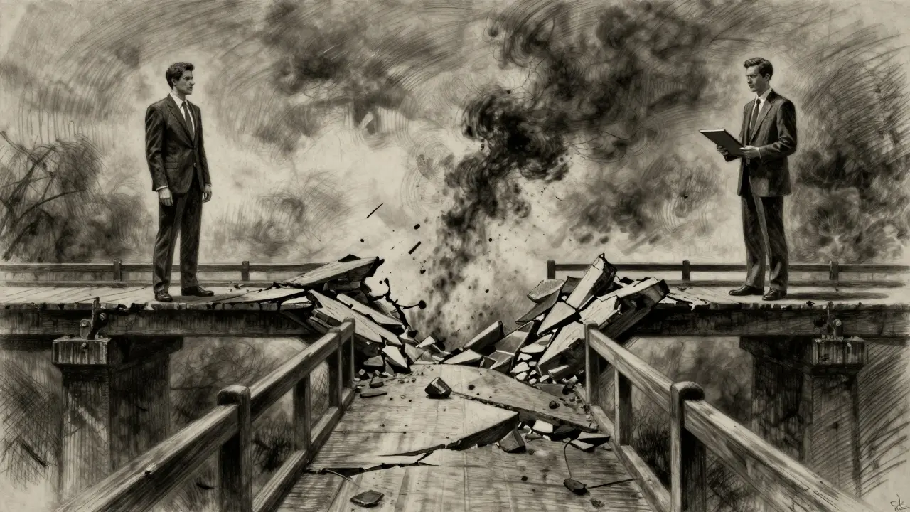 Charcoal art of a crumbling bridge connecting a businessman and a lender.