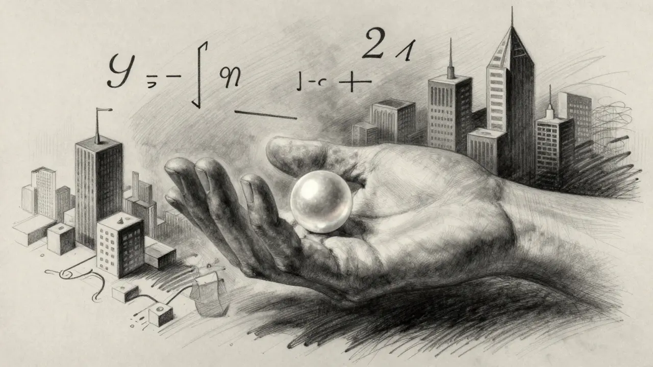 Charcoal art of a hand holding a glowing pearl amidst abstract financial symbols