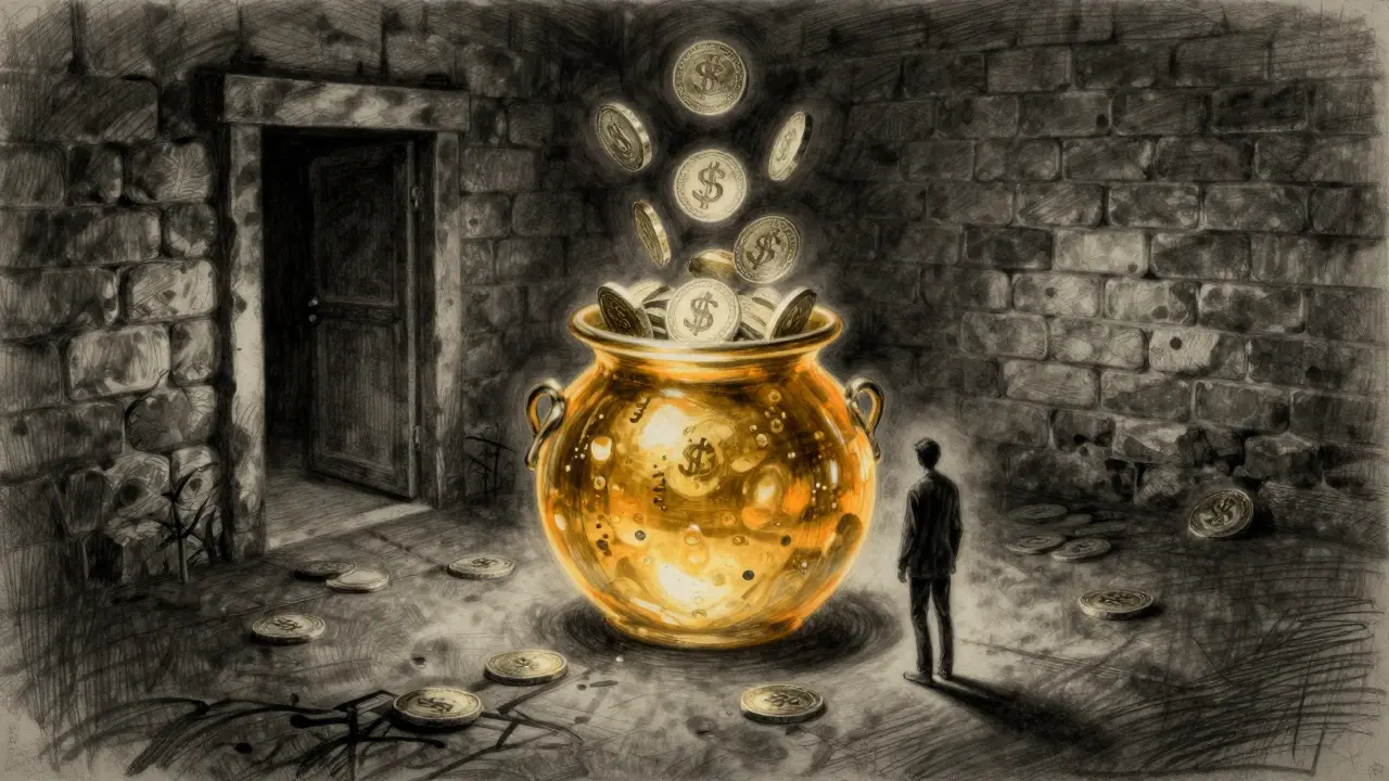 Charcoal art of a person trapped in a room with a glowing pot of tokens