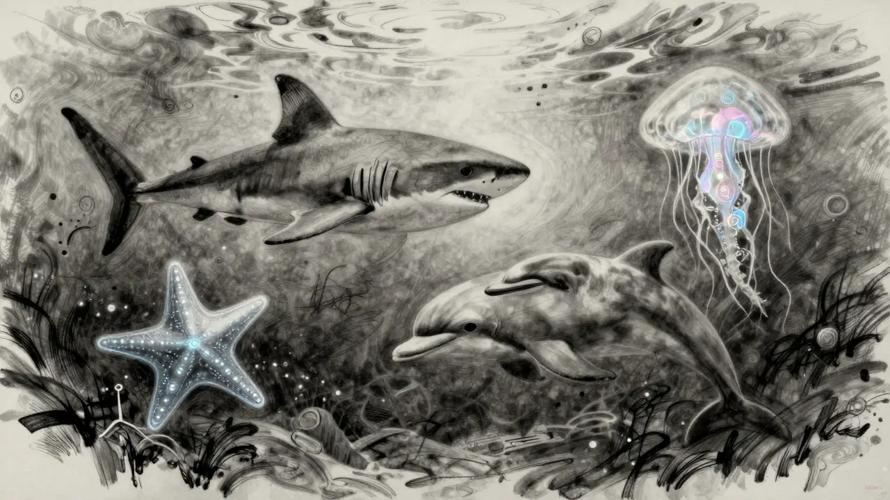 Charcoal art of marine creatures with circuit patterns in a surreal underwater scene.