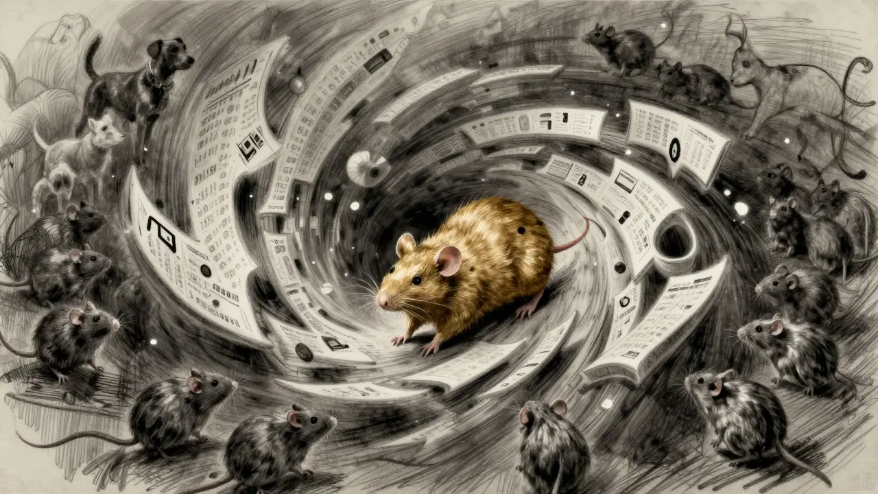 Charcoal art showing a golden rat leading a swarm through a financial vortex.