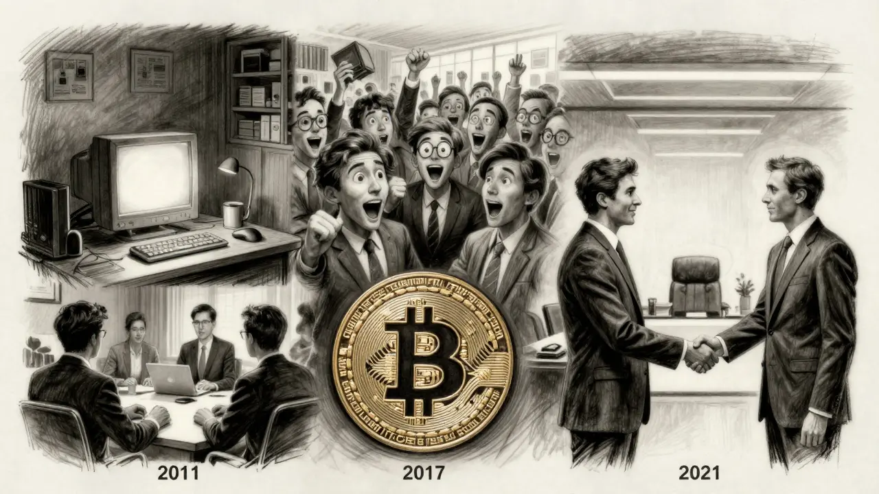 Charcoal art showing the transition from early crypto adopters to corporate institutional investors.