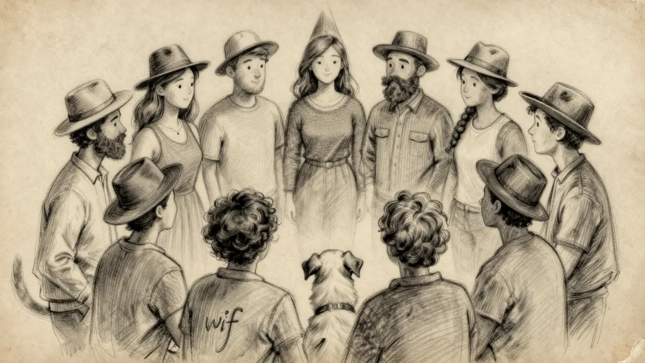 Charcoal artwork of a community of people and dogs wearing hats