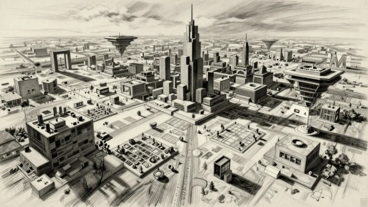 Charcoal depiction of a sprawling virtual city in the Universal Metaverse.