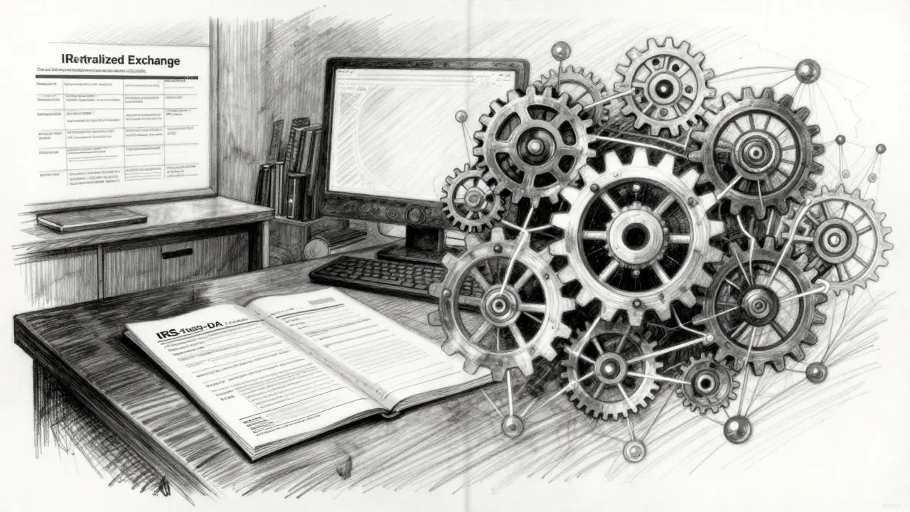 Charcoal drawing contrasting a formal tax form on a desk with a complex web of decentralized nodes.