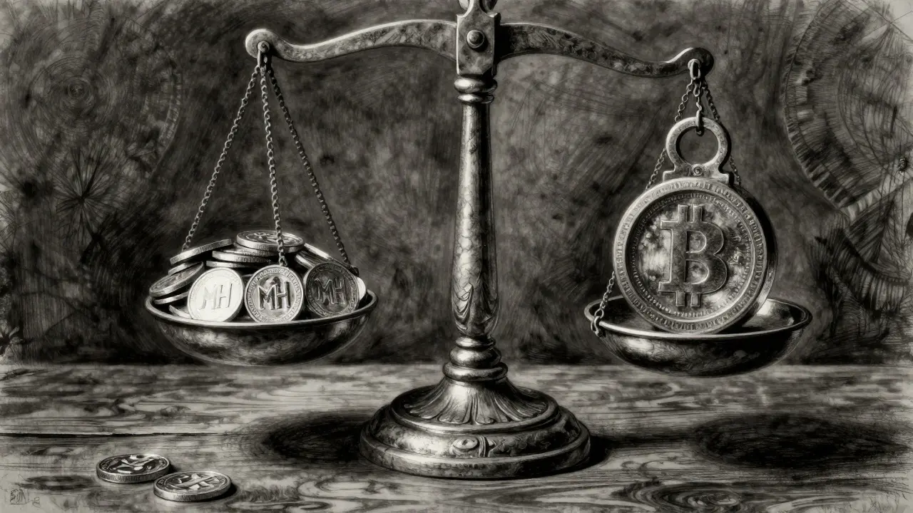 Charcoal drawing of a balance scale weighing MIH coins against a supply limit weight