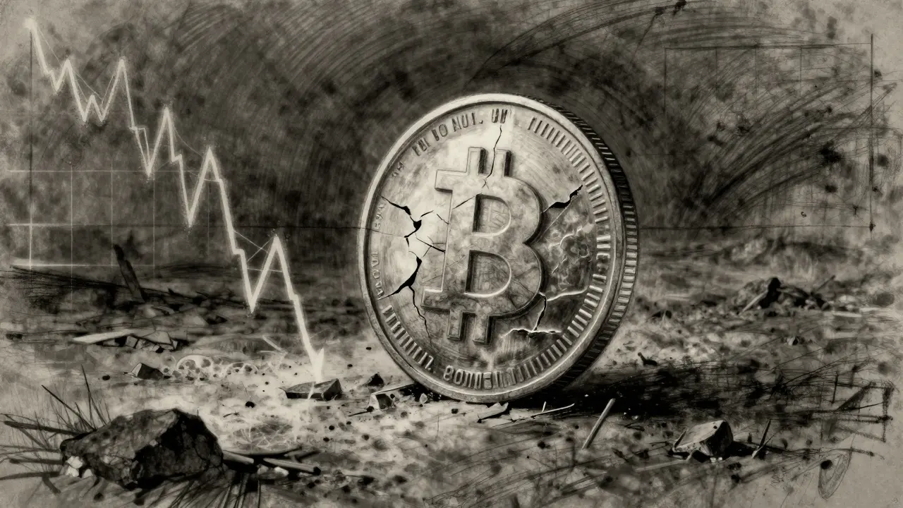 Charcoal drawing of a cracked digital coin on a desolate landscape with a falling graph