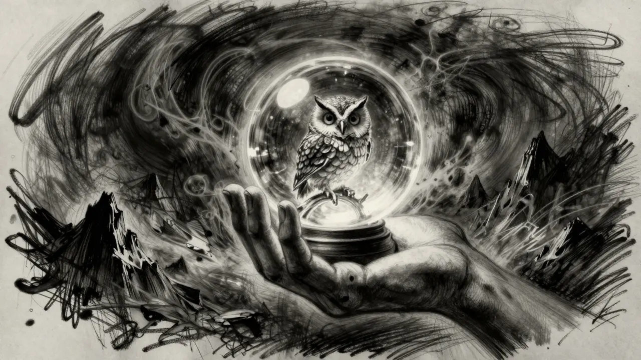 Charcoal drawing of a hand holding a glowing owl orb amidst a storm of volatile market lines.