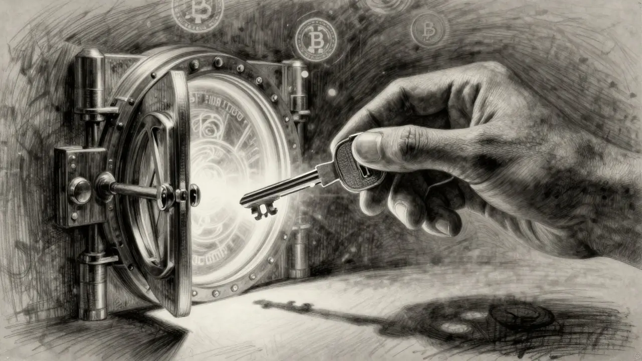 Charcoal drawing of a hand holding a key before a digital vault representing non-custodial security.