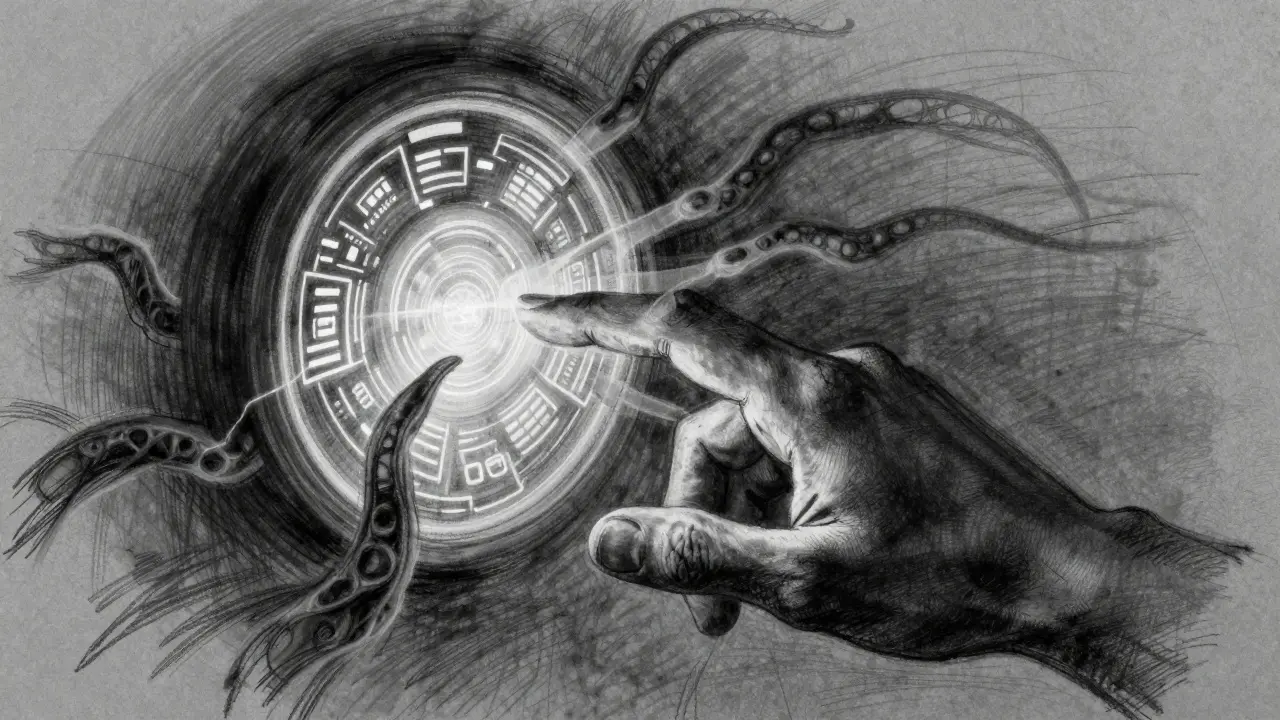 Charcoal drawing of a hand reaching toward a portal with shadowy tentacles.