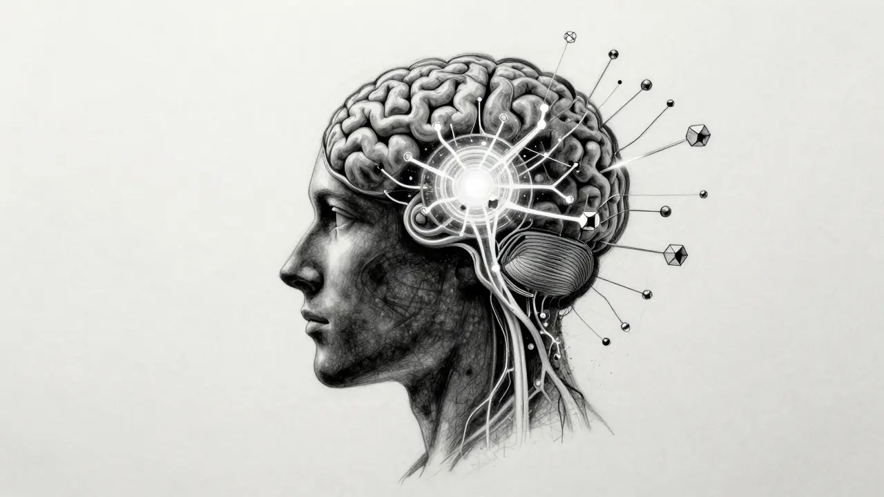 Charcoal drawing of a human silhouette merged with a digital neural network.