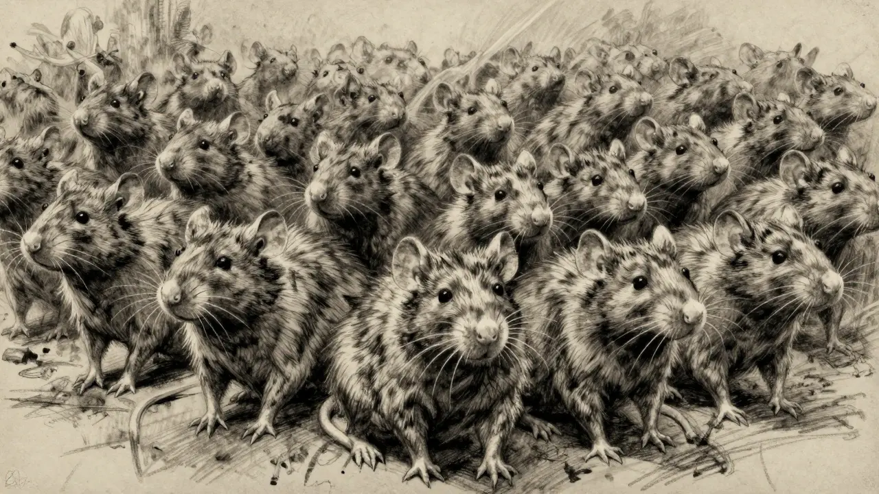 Charcoal drawing of a large army of determined rats