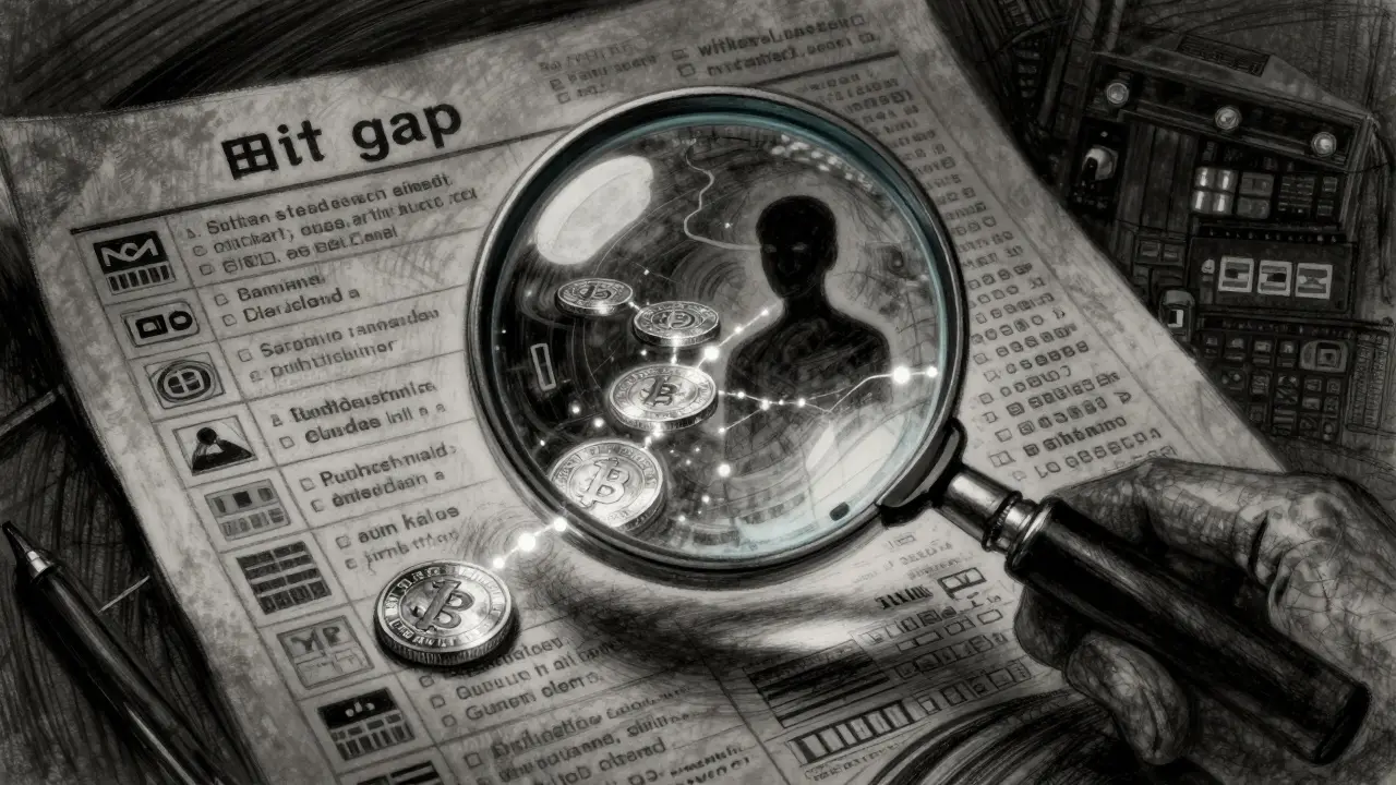 Charcoal drawing of a magnifying glass revealing hidden crypto transactions on a blockchain ledger.