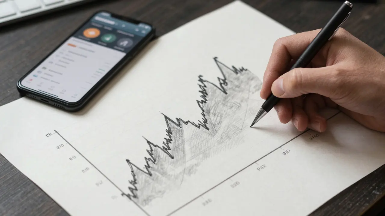 Charcoal drawing of a professional trader's desk with a graph and a smartphone