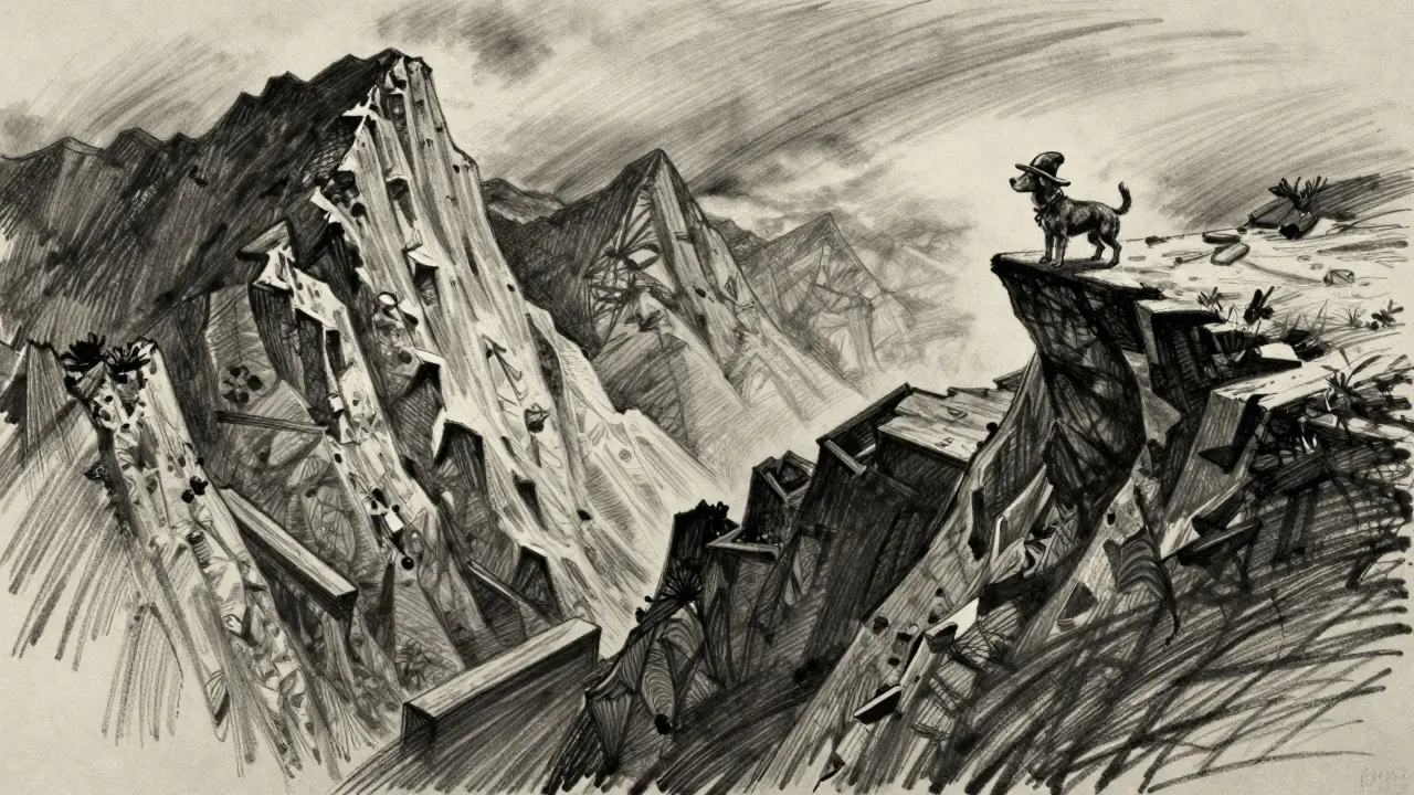 Charcoal drawing of a puppy on a steep cliff representing market volatility