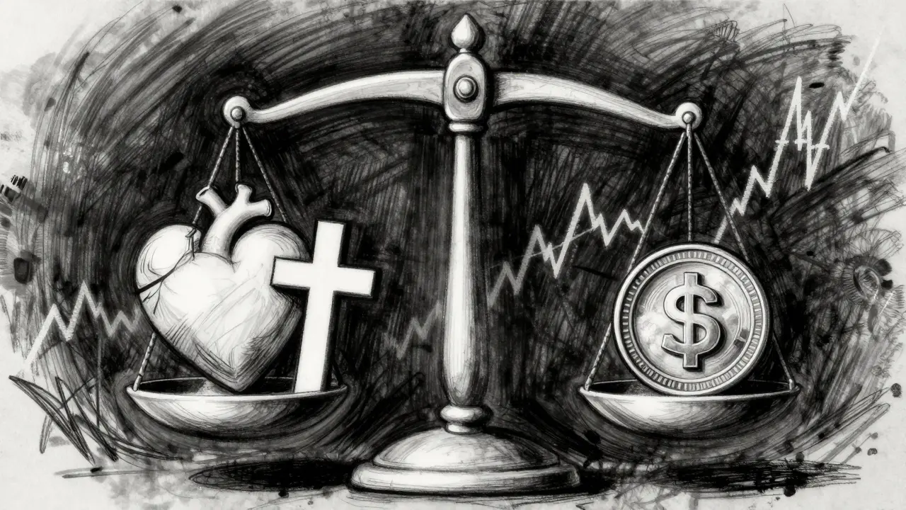 Charcoal drawing of a scale balancing a heart and cross against a digital coin and chart.