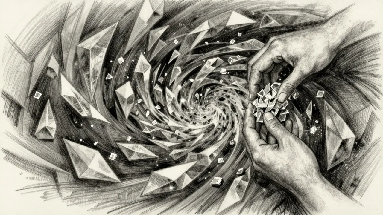 Charcoal drawing of a swirling vortex of geometric shapes representing a liquidity pool.