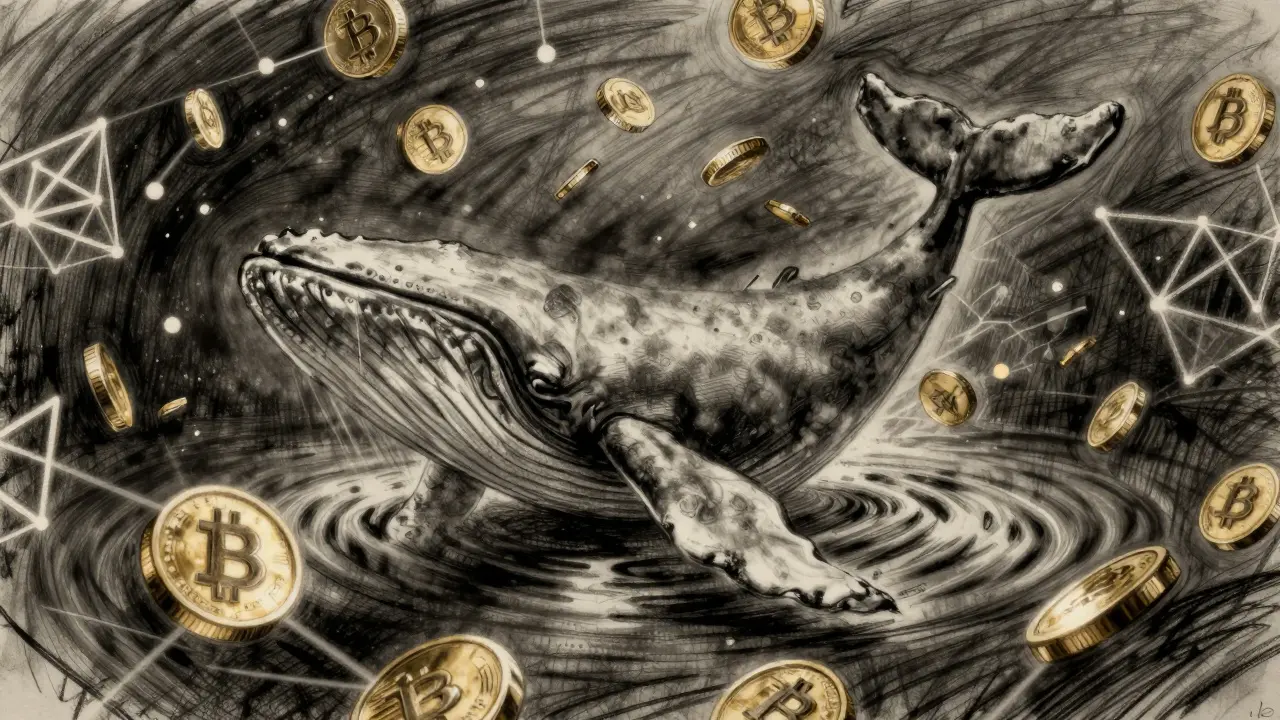 Charcoal drawing of a whale causing volatility in a coin market