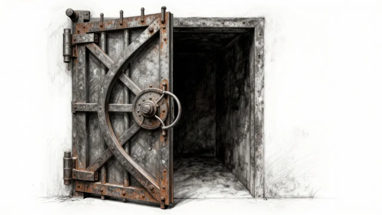Charcoal drawing of an open antique vault leading into a dark, empty space